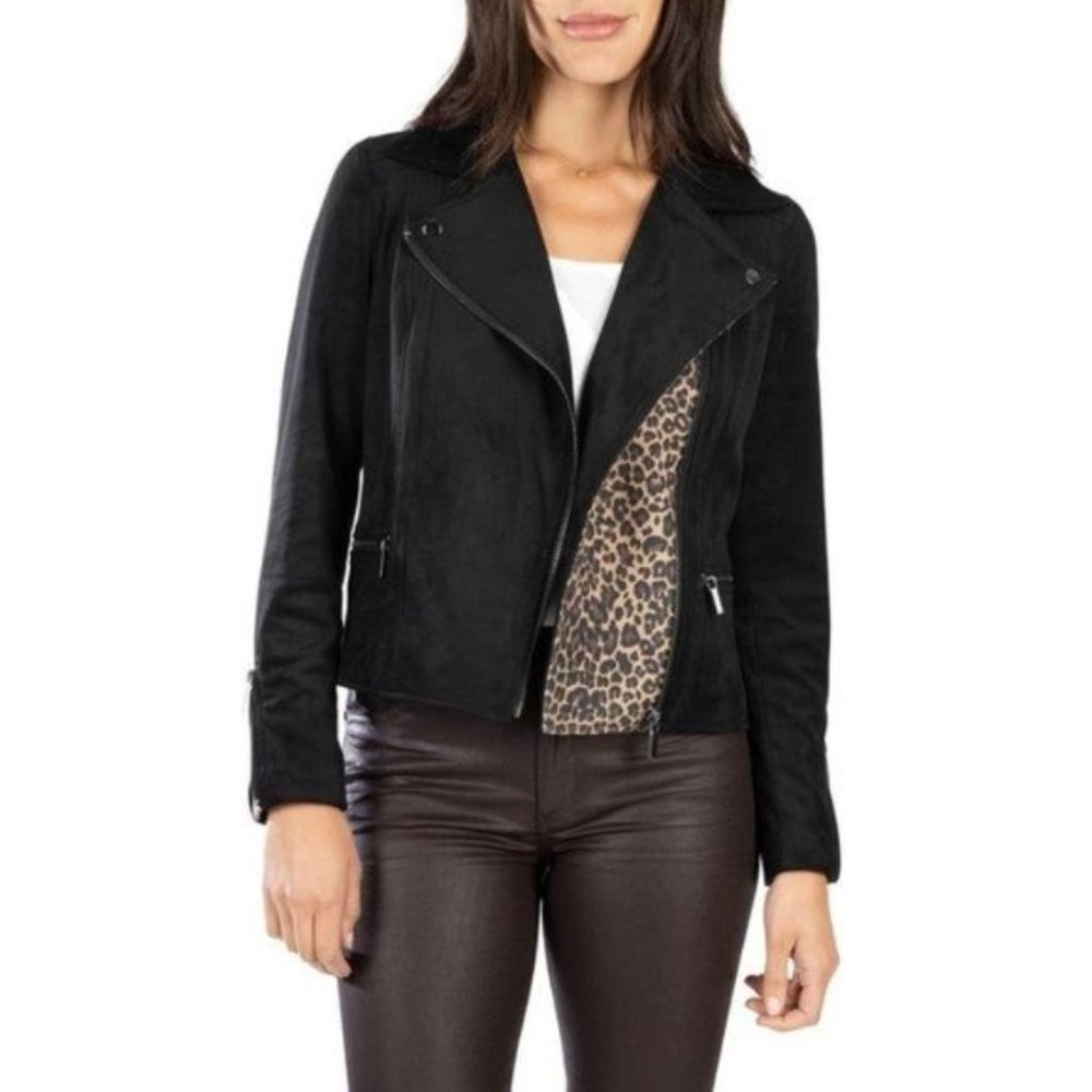 Kut from the Kloth Black Faux Leather Jacket with Leopard Lining